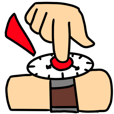 a cream colored hand tapping an analogue wristwatch with one finger. there is a red circle on the wristwatch where it is being tapped, and a red triangle to the upper left of the picture.